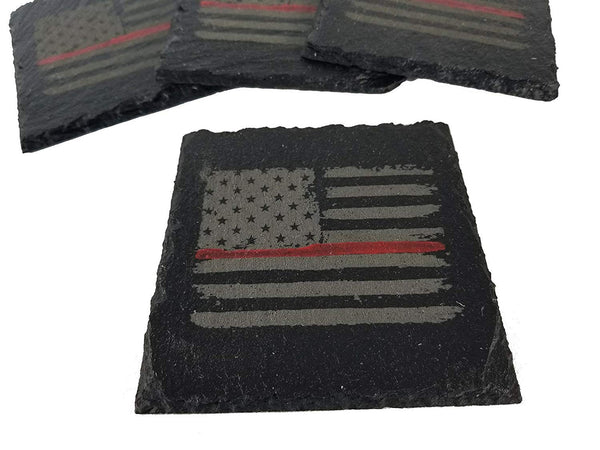 Firefighter Thin Red Line Distressed American Flag Slate Coaster Set