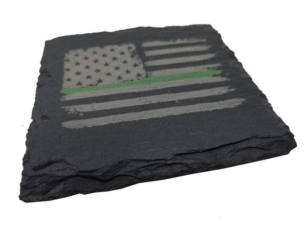 Green Line Distressed American Flag Slate Coaster Set