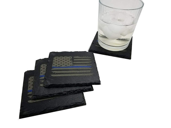 Police Thin Blue Line Distressed American Flag Slate Coaster Set