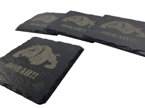 USMC Bulldog Oorah Slate Coaster Set - Marine Corps Slate Coasters