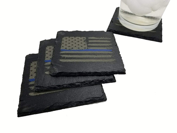 Police Thin Blue Line Distressed American Flag Slate Coaster Set