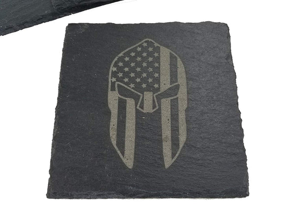 American Flag Spartan Gladiator Helmet Slate Coaster Set