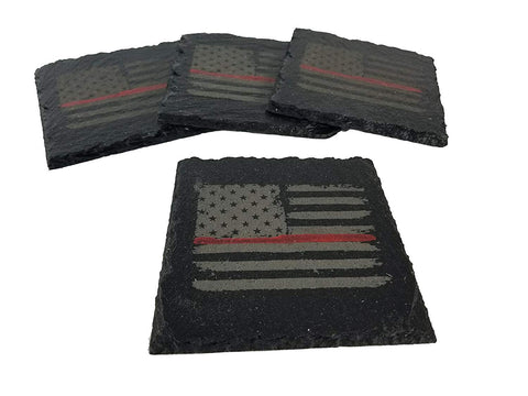 Firefighter Thin Red Line Distressed American Flag Slate Coaster Set