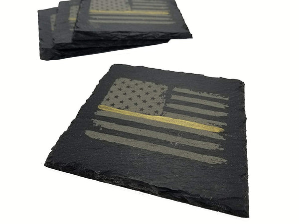 Dispatcher Thin Gold Line Distressed American Flag Slate Coaster Set