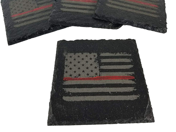 Firefighter Thin Red Line Distressed American Flag Slate Coaster Set