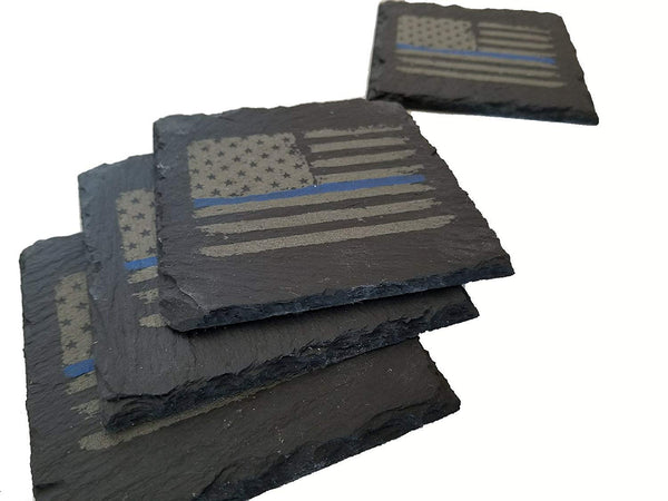 Police Thin Blue Line Distressed American Flag Slate Coaster Set