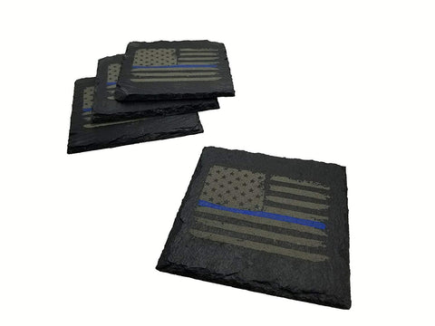 Police Thin Blue Line Distressed American Flag Slate Coaster Set