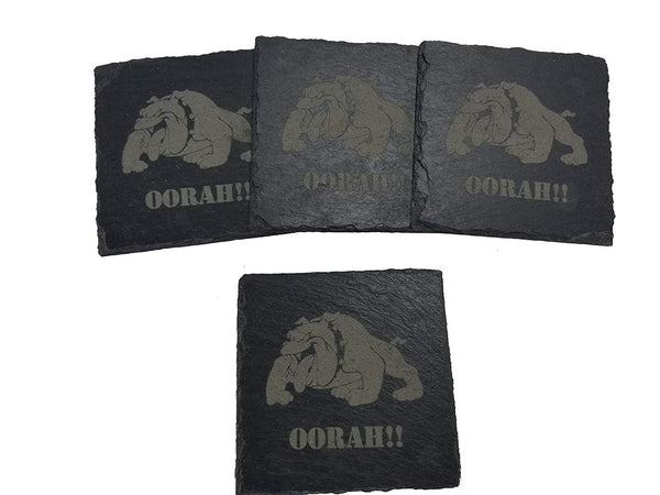 USMC Bulldog Oorah Slate Coaster Set - Marine Corps Slate Coasters