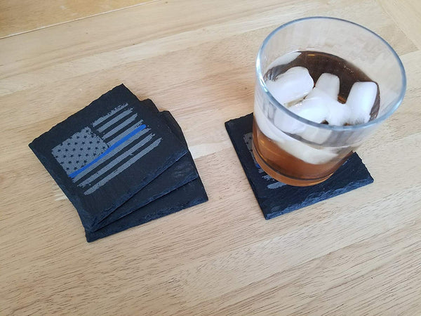 Police Thin Blue Line Distressed American Flag Slate Coaster Set