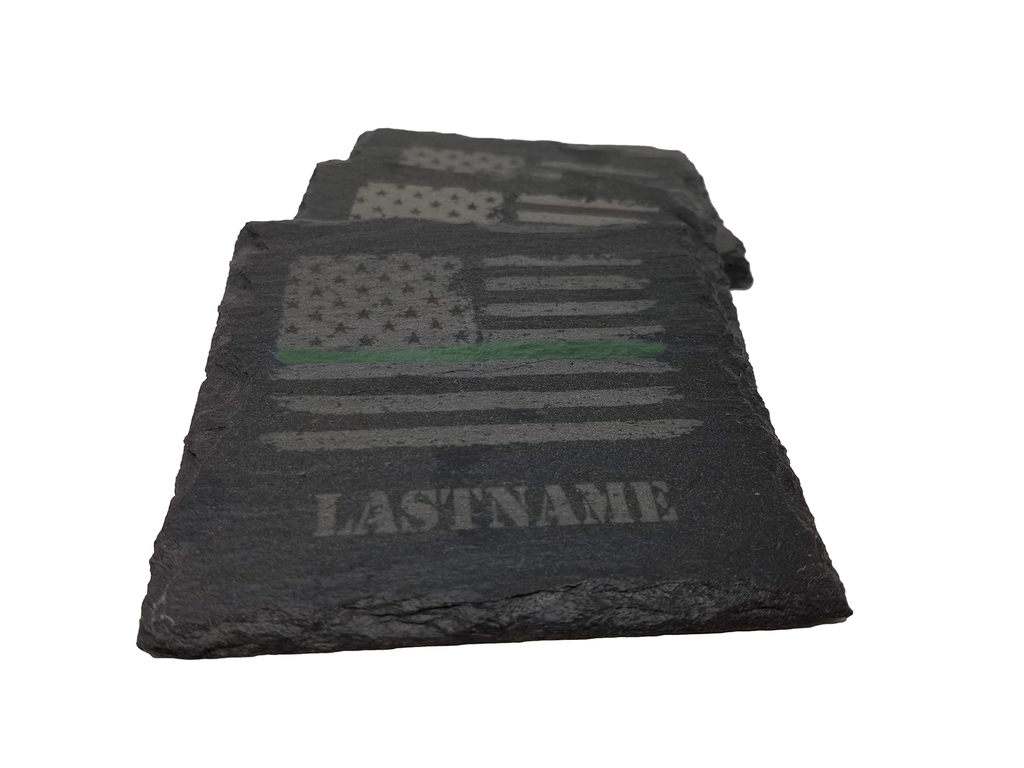 Personalized Green Line Distressed American Flag Slate Coaster Set