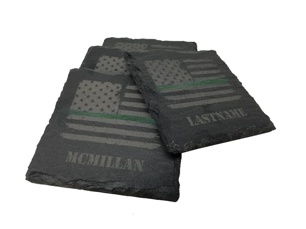 Personalized Green Line Distressed American Flag Slate Coaster Set