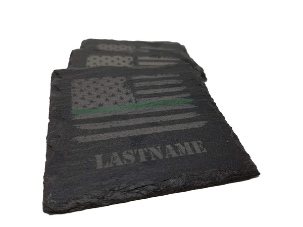 Personalized Green Line Distressed American Flag Slate Coaster Set