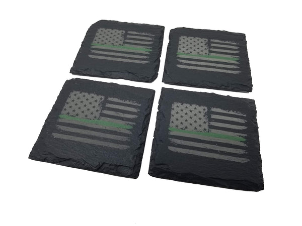 Green Line Distressed American Flag Slate Coaster Set
