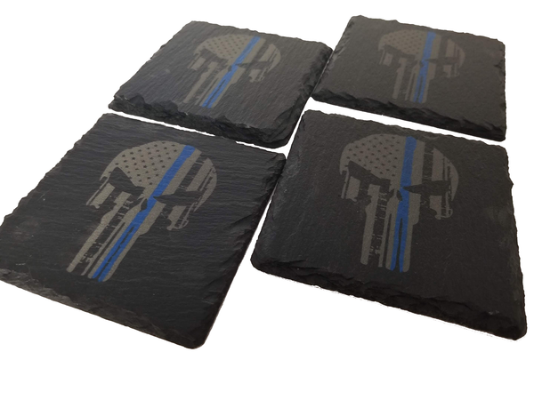 Thin Blue Line Punisher American Flag Slate Coaster Set