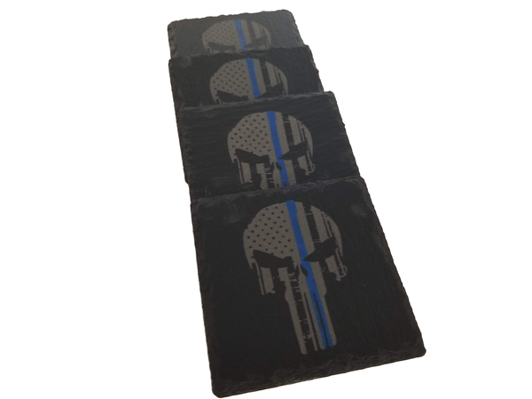 Thin Blue Line Punisher American Flag Slate Coaster Set