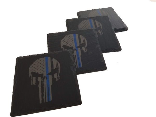 Thin Blue Line Punisher American Flag Slate Coaster Set