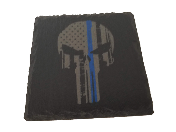 Thin Blue Line Punisher American Flag Slate Coaster Set