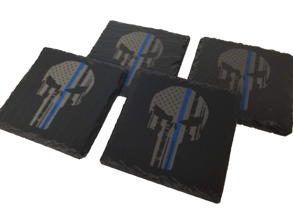 Thin Blue Line Punisher American Flag Slate Coaster Set