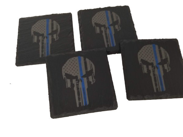 Thin Blue Line Punisher American Flag Slate Coaster Set