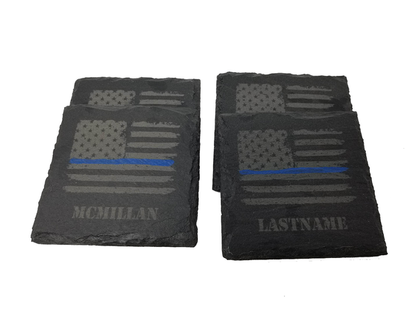 Personalized Police Thin Blue Line Distressed American Flag Slate Coaster Set