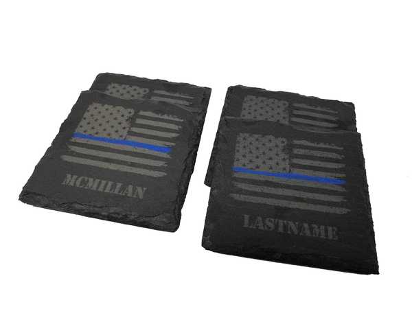 Personalized Police Thin Blue Line Distressed American Flag Slate Coaster Set