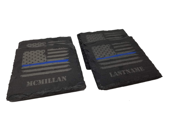 Personalized Police Thin Blue Line Distressed American Flag Slate Coaster Set