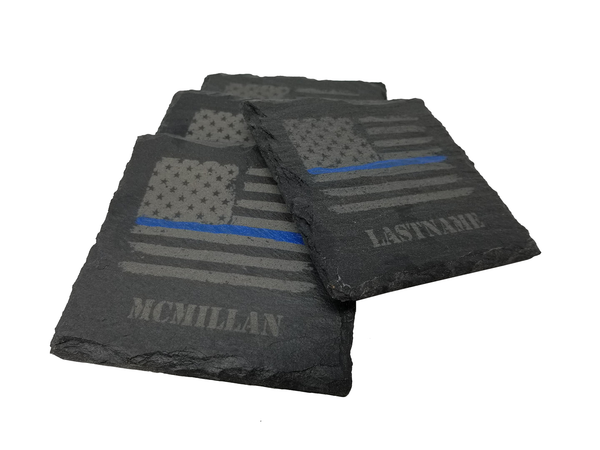 Personalized Police Thin Blue Line Distressed American Flag Slate Coaster Set