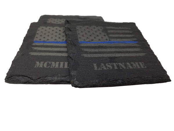 Personalized Police Thin Blue Line Distressed American Flag Slate Coaster Set