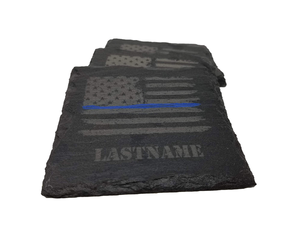 Personalized Police Thin Blue Line Distressed American Flag Slate Coaster Set