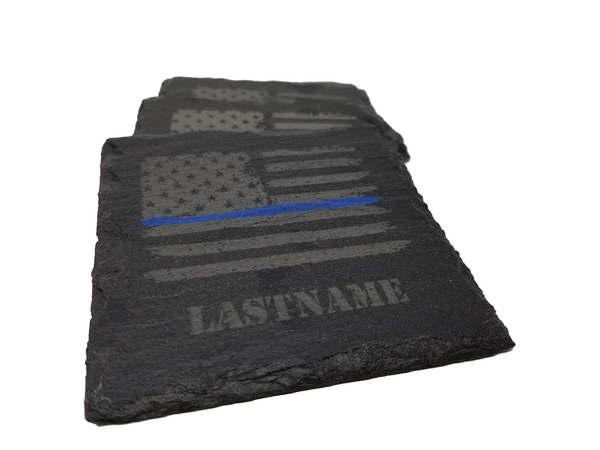Personalized Police Thin Blue Line Distressed American Flag Slate Coaster Set