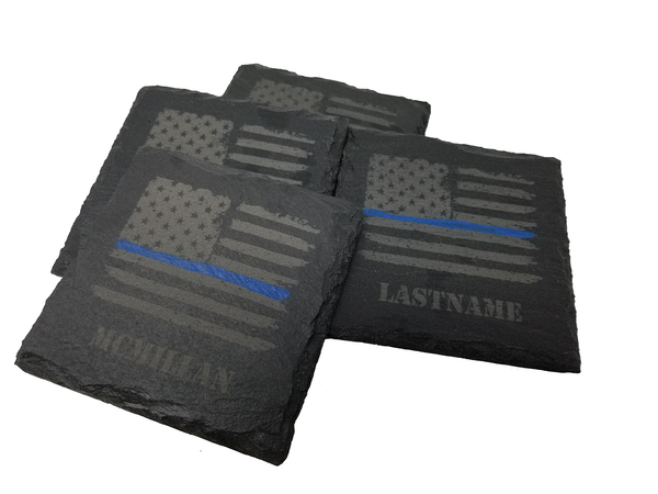 Personalized Police Thin Blue Line Distressed American Flag Slate Coaster Set